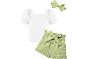 BAVADER Girls Clothes Square Neck Puff Sleeve 2 Piece Kids Clothes Girls Summer Outfits Rib Top Floral Short Set with Pockets
