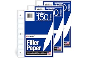 Kaisa3 Pack Notebook Paper College Ruled 3-Hole Punched Loose Leaf Paper 8x10.5 Lined Paper College Ruled Filler Paper for 3-Ring Binder Paper 150 Sheets/Pack (3 Pack-college) F15001C-3pk