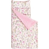 Wake In Cloud - Toddler Nap Mat with Pillow and Minky Fleece Blanket, for Kids Girls Ages 3 Plus in Daycare Preschool Kindergarten, Roll Up Sleeping Bag, Floral Flowers