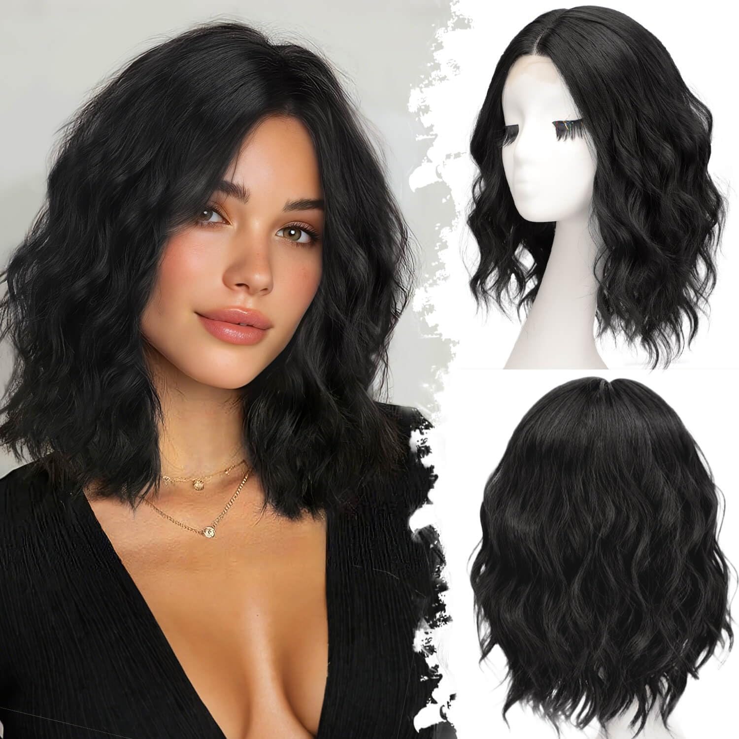 Photo 1 of Eawwii Black Short Wavy Wig for Women Lace Hairline Bob Style Synthetic Heat Resistant - Natural Appearance for Everyday Hairstyle 14 Inch