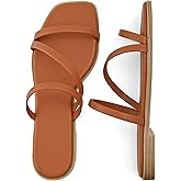 LACUONE Strappy Flat Sandals For Women Slip On Square Open Toe Slides Sandals