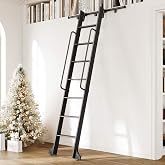 8FT Rolling Library Ladder with 4FT Sliding Track Kit,7 Steps with Handrail | 450lbs Capacity,Top Telescopic Hook with Bottom Brake Wheel,Aluminum Black,for Loft,Bookshelf,Closet,Warehouse,Dressing Room