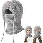 3 in 1 Beanie Hat with Scarf and Mask for Women, Winter Ski Mask & Neck Gaiter Set, Knitted Balaclava Hats for Cold Weather Gray
