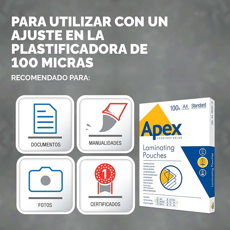 Apex A4 Pochettes De Plastification 100 Microns 100 Feuilles Plastifieuse Finition Brillante Haute Qualité Finition Professionnelle Utilisation Occasionnelle