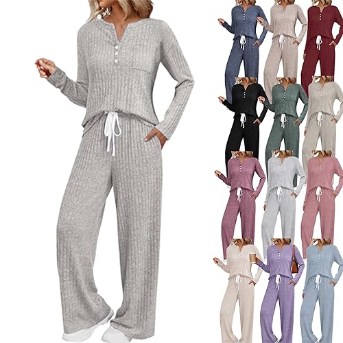 ZJKESDIOAW women's fashion Womens Pyjamas Wear Sets For Women Uk Womens 2 Piece Fall Outfits Neck Sweater 2025 Matching Suits Clothes Pockets Loungewear Tall Pajamas (Light Ashy-1, L)