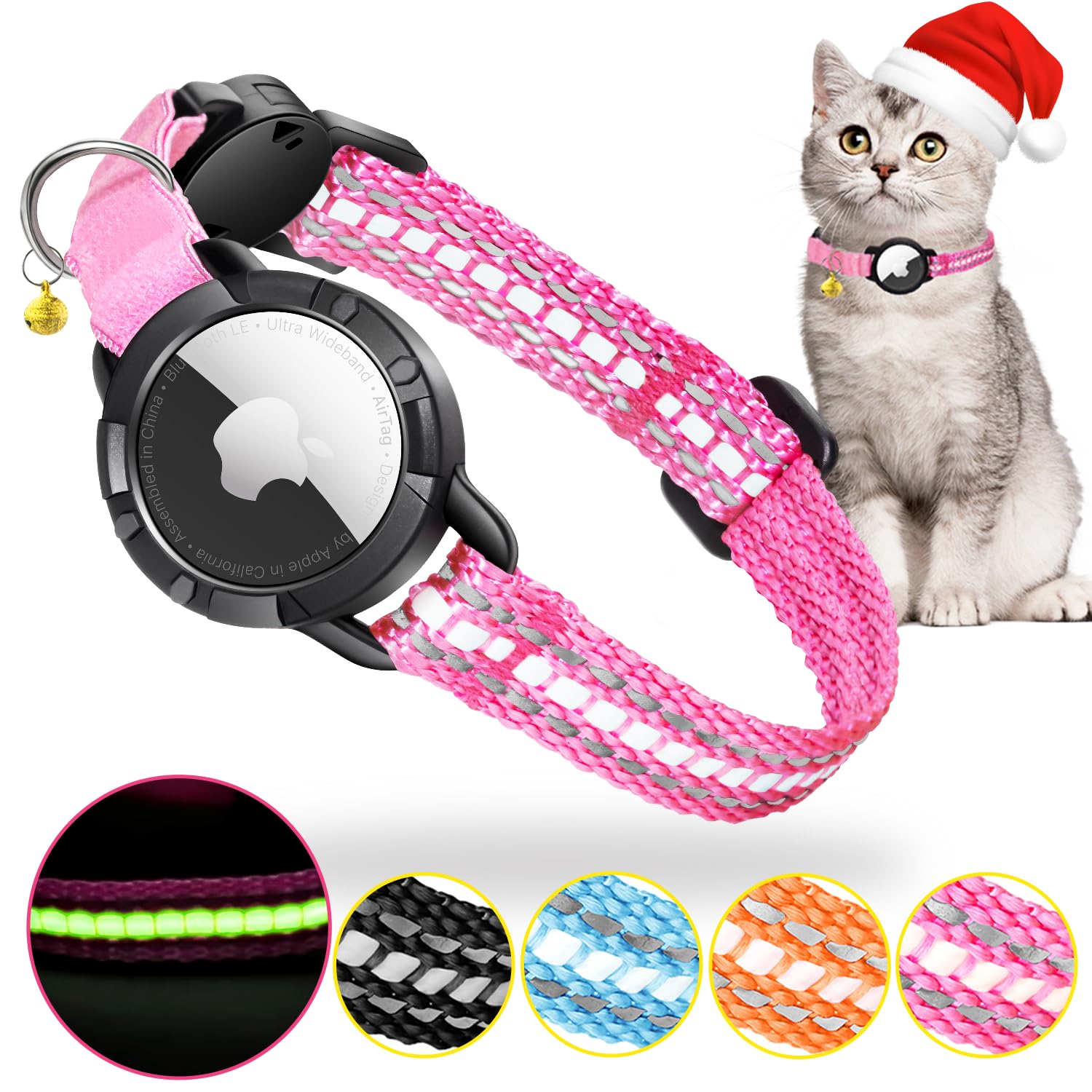 AirTag Cat Collar - Luminous & Reflective Cat Collar,Breakaway Cat Collars Pet Tracker for Cats,Cat Collar with Bell & Waterproof AirTag Holder for Kittens and Puppies(Pink S)