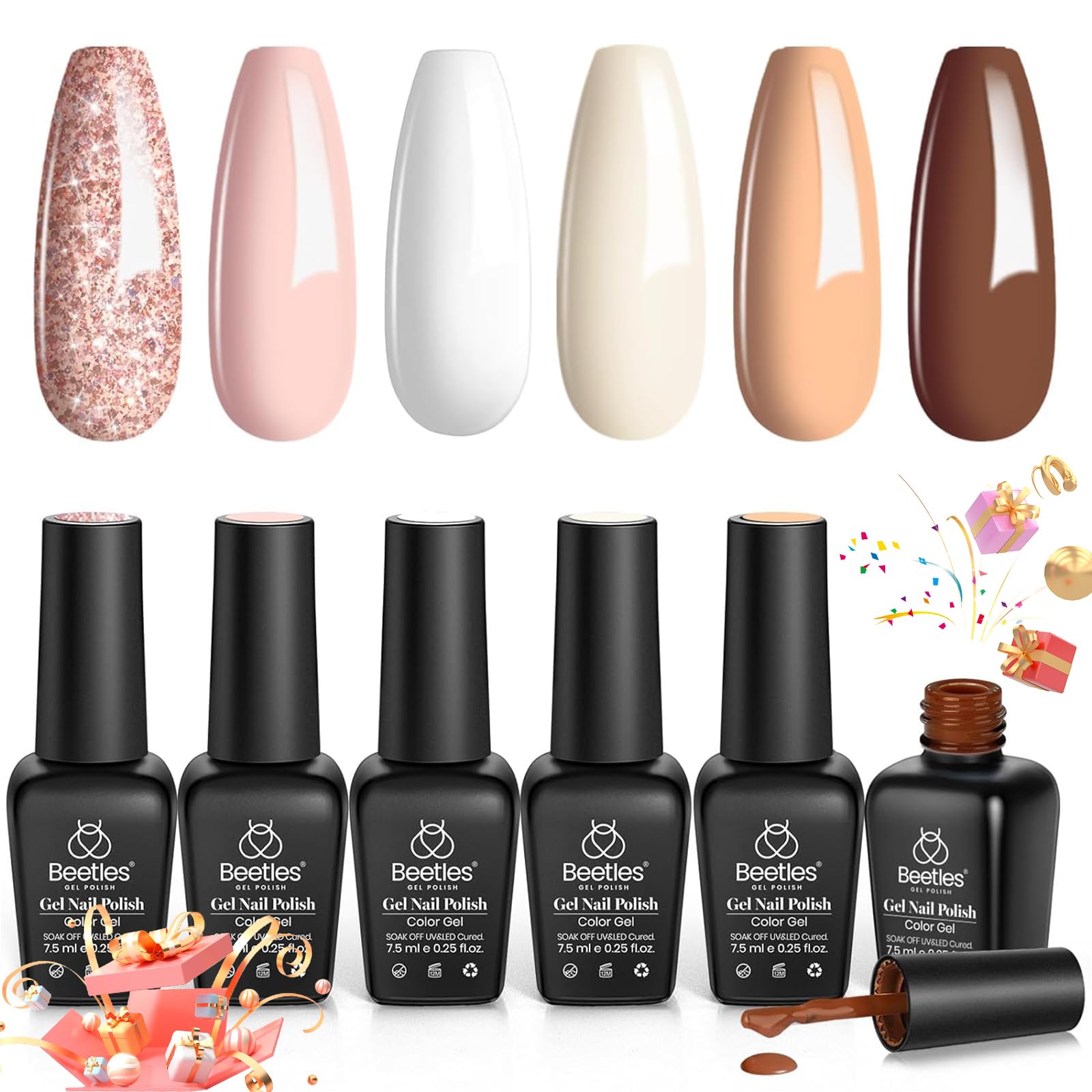 Beetles Gel Nail Polish Set, 6 Colors Pink Milky White Nude Glitter Brown Tender Elegance Fall Gel Polish Set Soak Off Uv Led Lamp Needed Easy DIY Nail Art Salon Home Design Gifts for Women