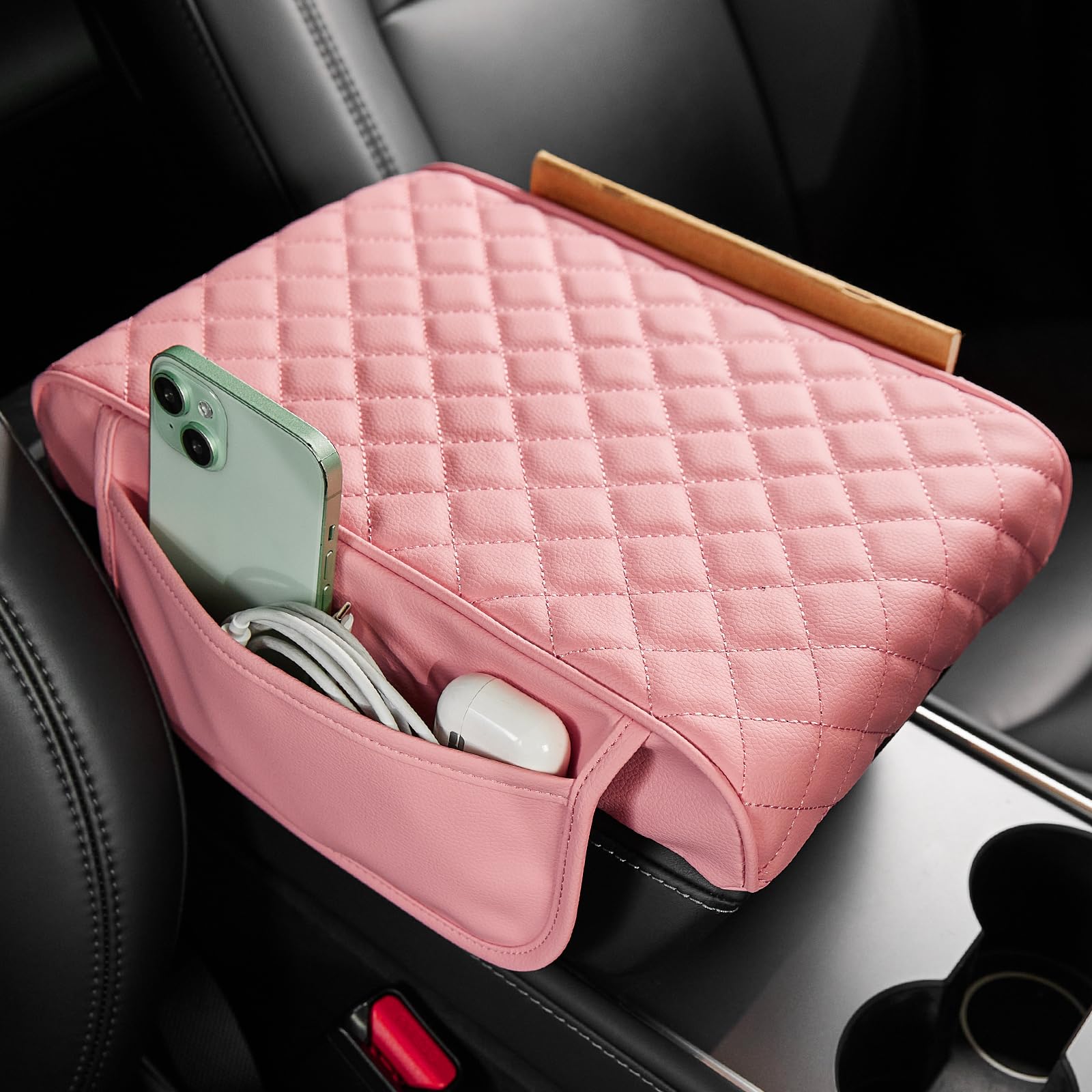 Photo 1 of JOYTUTUS Pink Center Console Cover with Storage Bag for SUV Sedan, PU Leather Arm Rest Pad Middle Console Protector, ?12.6" x 7.8" x 2.16"