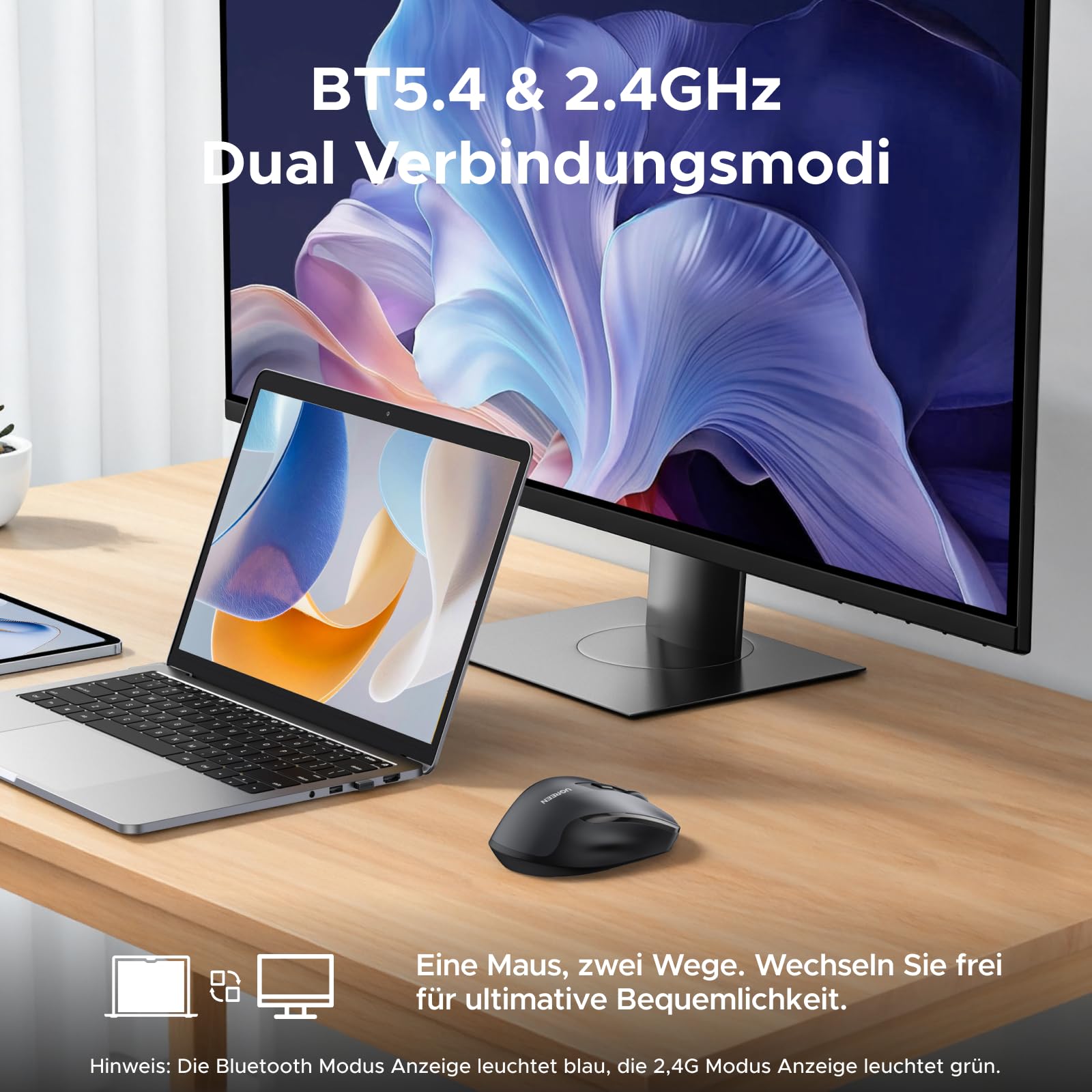 UGREEN 2.4G & Bluetooth Maus Kabellos mit USB C Aufladung, wiederaufladbare Maus mit 4000DPI, ergonomisches Design und leise klick, funkmaus kompatibel mit Laptop Computer Windows macOS Linux 3