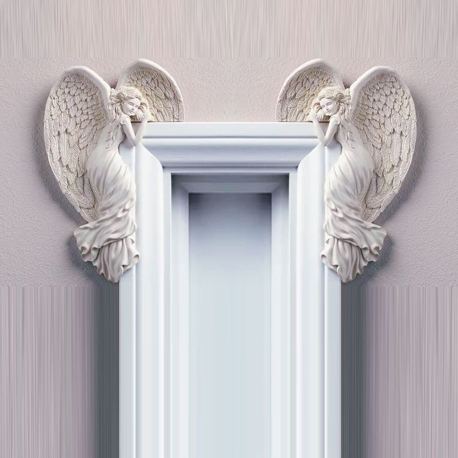 Angel Door Frame Wall Sculpture - Vintage Shabby Chic Wings Ornament for Fireplace and Home Decor in Ivory