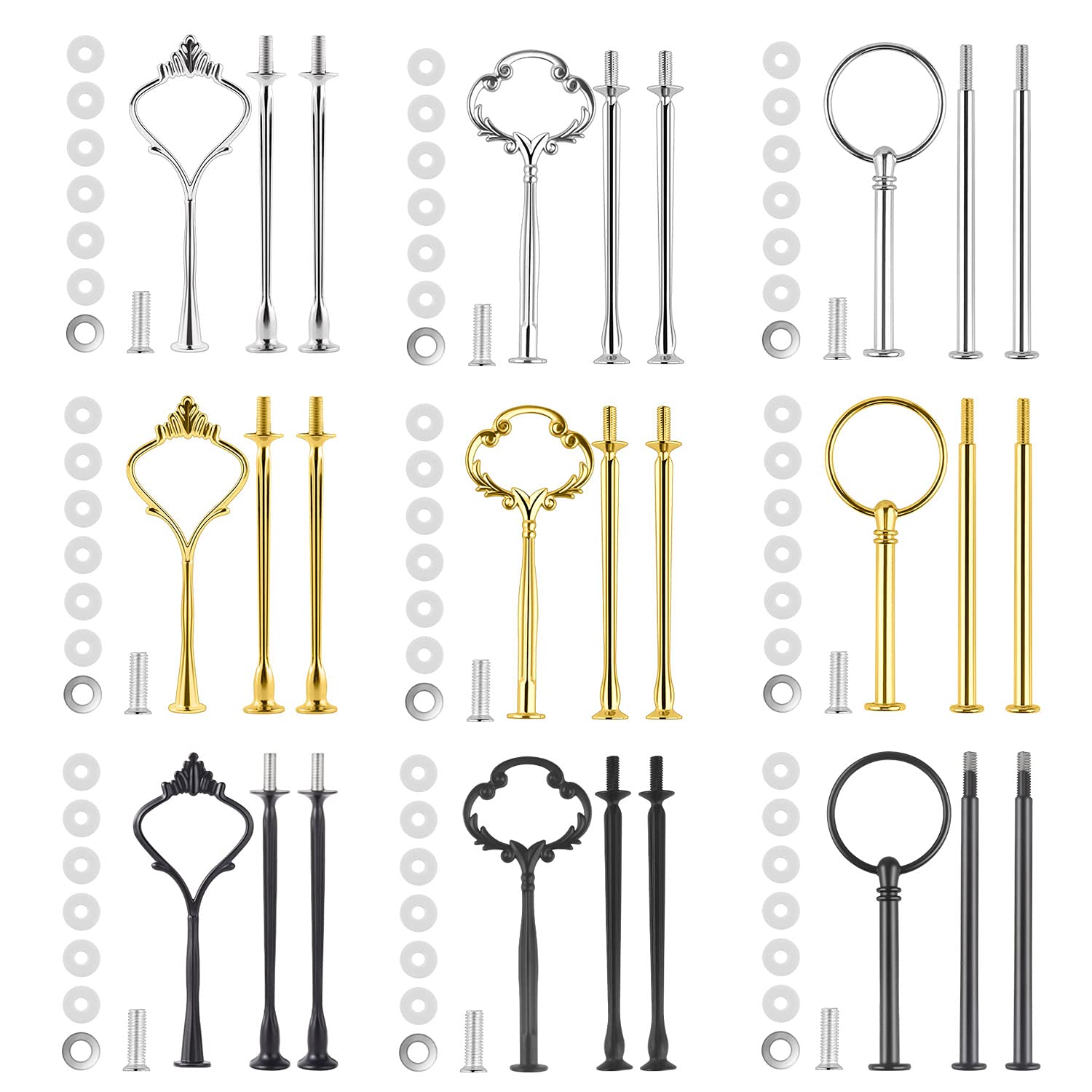 9 Set Cake Stand Fittings Kits, MSDADA Tiered Tray Hardware Mold Crown 3 Tier Cake Stand Holder Hardware for Wedding Party Making Resin Cupcake Dessert Platter Serving Stand(Gold&Silver&Black)