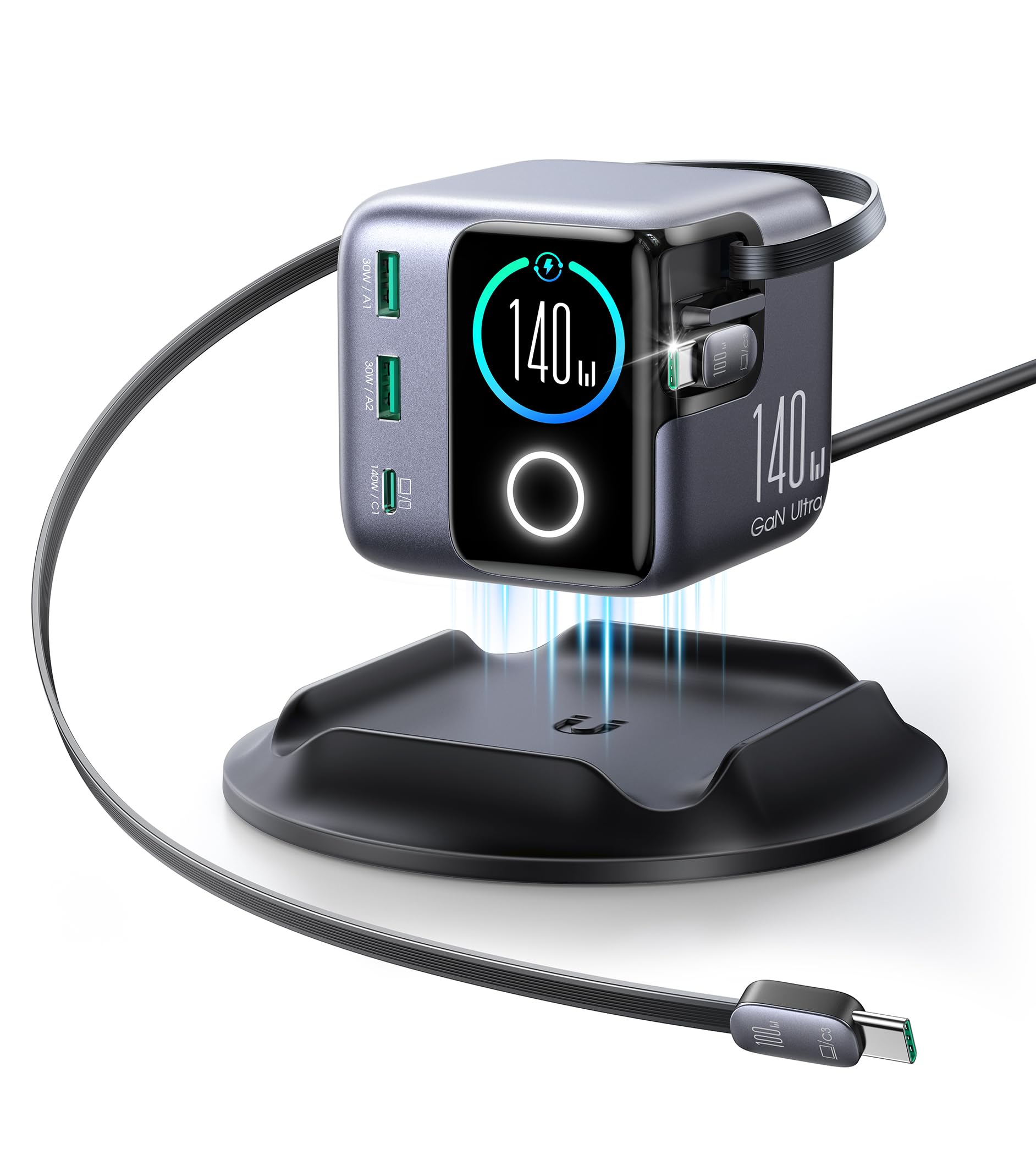 JOYROOM PODIX 140W 5‑in‑1 GaN Ultra Ladelstation, USB‑C Schnellladegerät mit 2 retraktablen 100W Kabeln (80 cm), 1,54" Smart LCD‑Anzeige, kompatibel mit MacBook, iPhone, Samsung | Für Büro & Zuhause