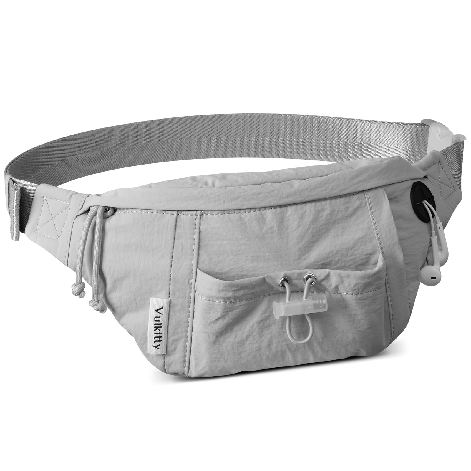 Vulkitty Bumbag for Men Women, Grey Fanny Pack with Adjustable Belt, Headphone Jack, Multiple Pockets, Water-Resistant Fabric, for Running, Hiking, Travel