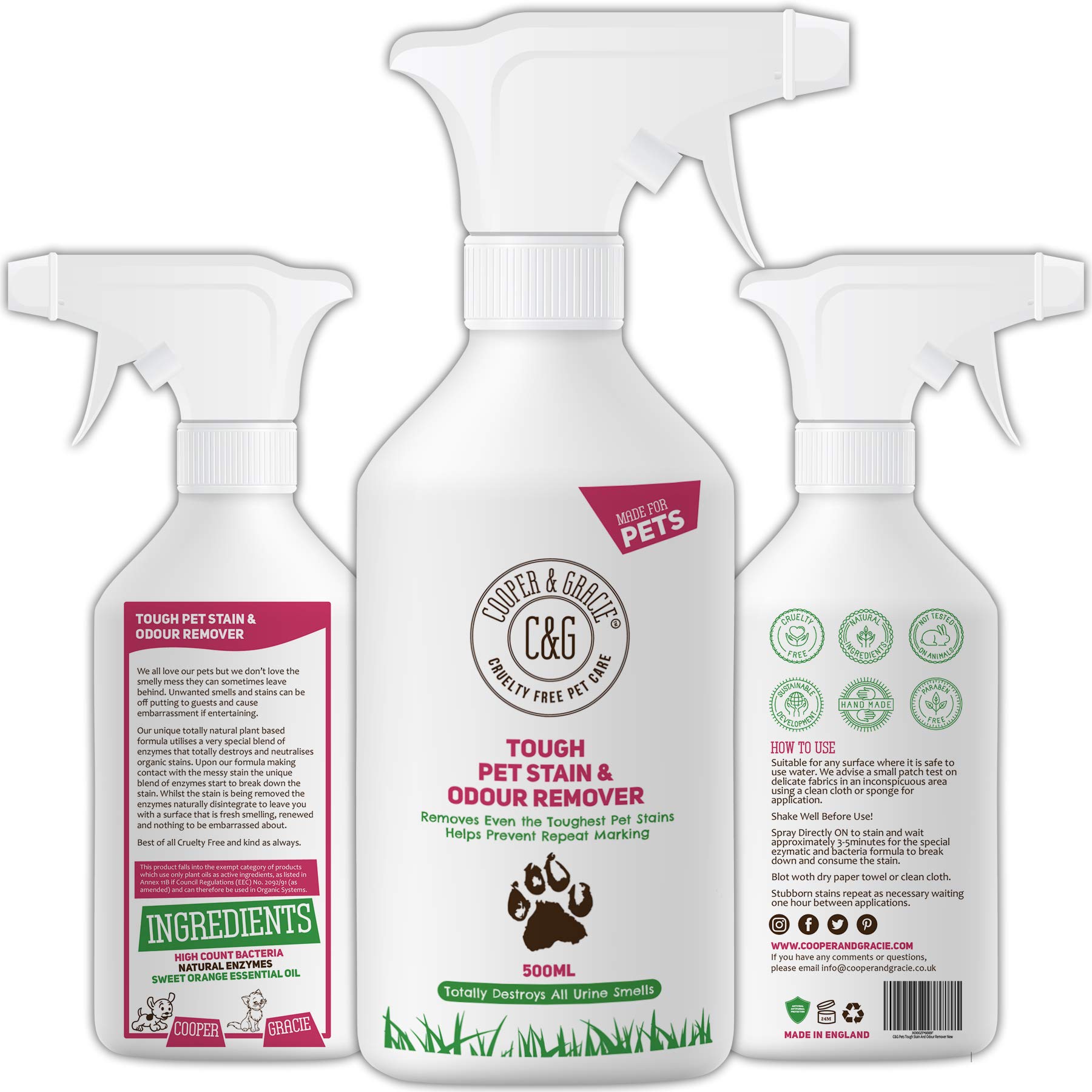 C&G Pets Tough Pet Stain, Urine, and Odor Remover 500ML | Cat and Dog Formula with Natural Enzymes by Cooper and Gracie | Anti-Bacterial, Anti-Fungal, Prevents Marks, Destroys Organic Stains