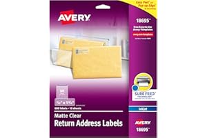 Avery Printable Return Address Labels with Sure Feed, 2/3" x 1-3/4", Matte Clear, 600 Blank Mailing Labels (18695)