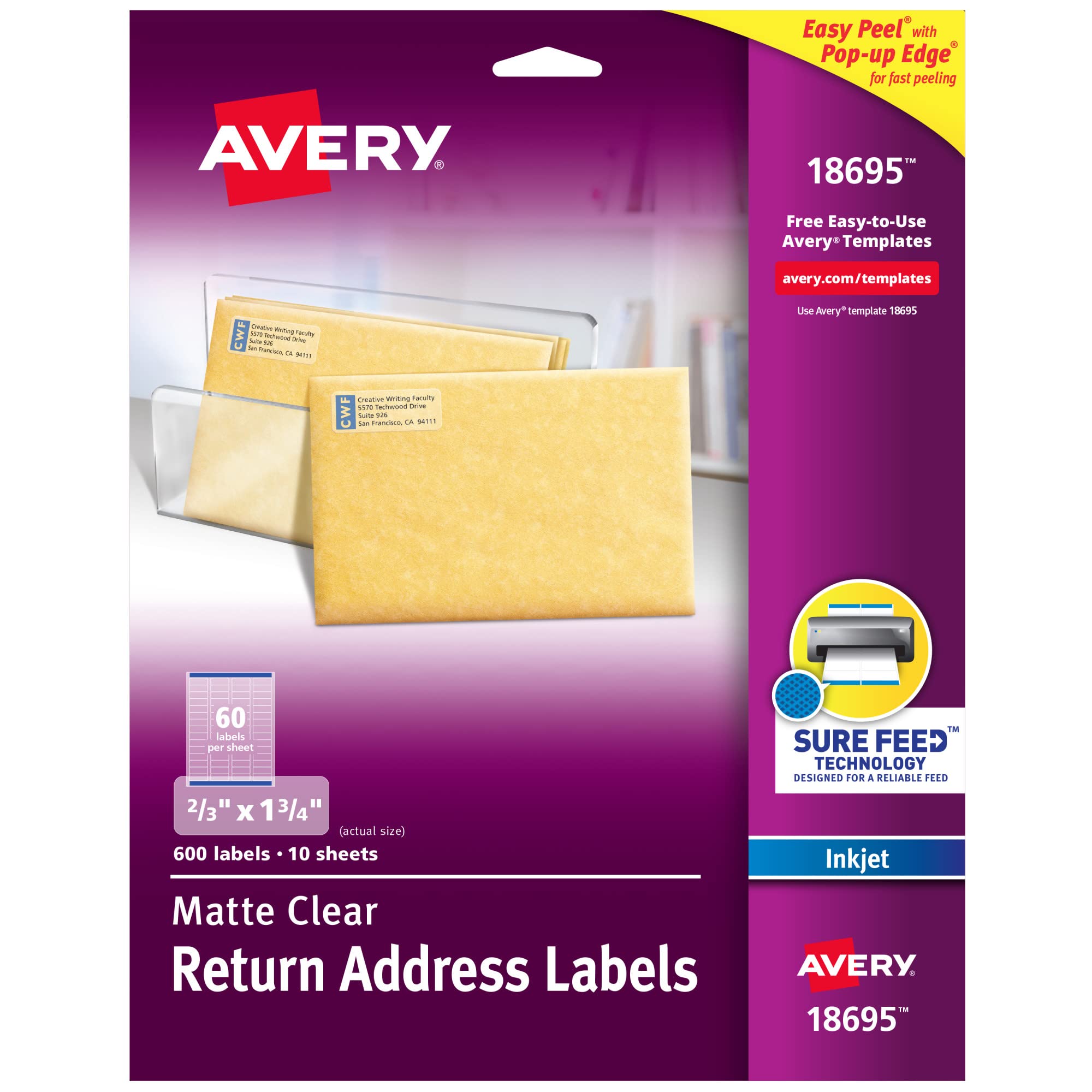 Photo 1 of Avery Printable Return Address Labels with Sure Feed, 2/3" x 1-3/4", Matte Clear, 600 Blank Mailing Labels (18695)
