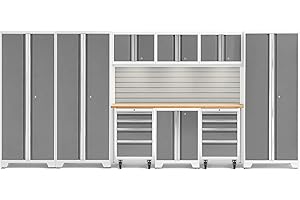 NEWAGE PRODUCTS INC. ‎‎‎‎‎NewAge Products Garage Cabinets Bold Series 10 PC Set White (3X 30 Locker, 2-Door Base, 2X Rolling Tool Drawer, 3X Wall Cabinet, 72" Bamboo Worktop, Slatwall Backsplash, LED Lights), 56982