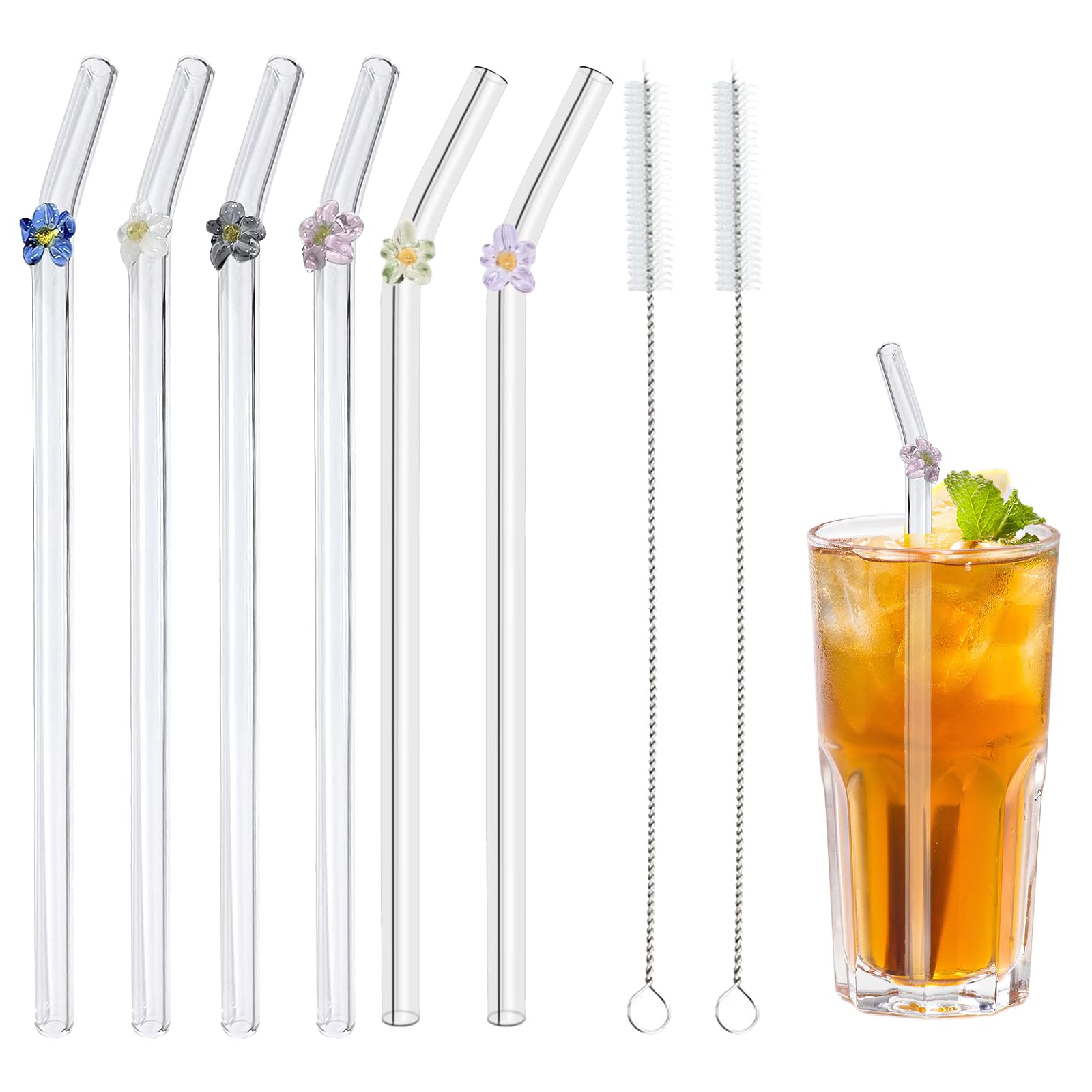 Tomtary 6pcs Reusable Bent Glass Straws with 2 Cleaning Brushes Shatter Resistant Curved Colorful Flowers Design Drinking Straws for Smoothies Juice Tea Coffee Milkshakes