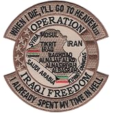 Operation Iraqi Freedom OIF Collectible Novelty Embroidered Patch Iraq | 4.25 x 4.5 inch desert tan patch with a map of Iraq, cut edge, iron-on backing. For a jacket, vest, range bag or shadow box.