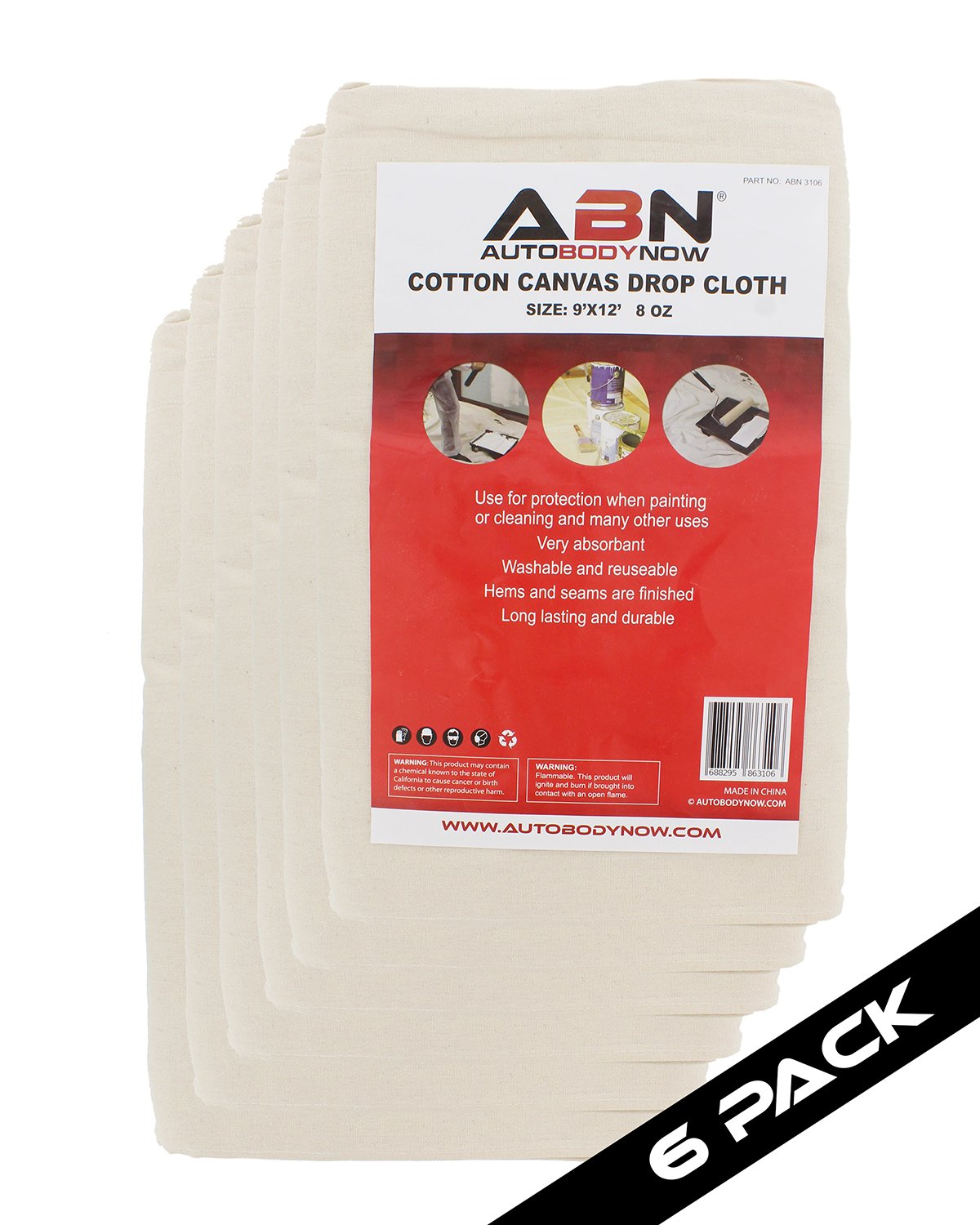 ABN Painters Cotton Canvas Paint Drop Cloth, XL 9' x 12' Foot 6PACK