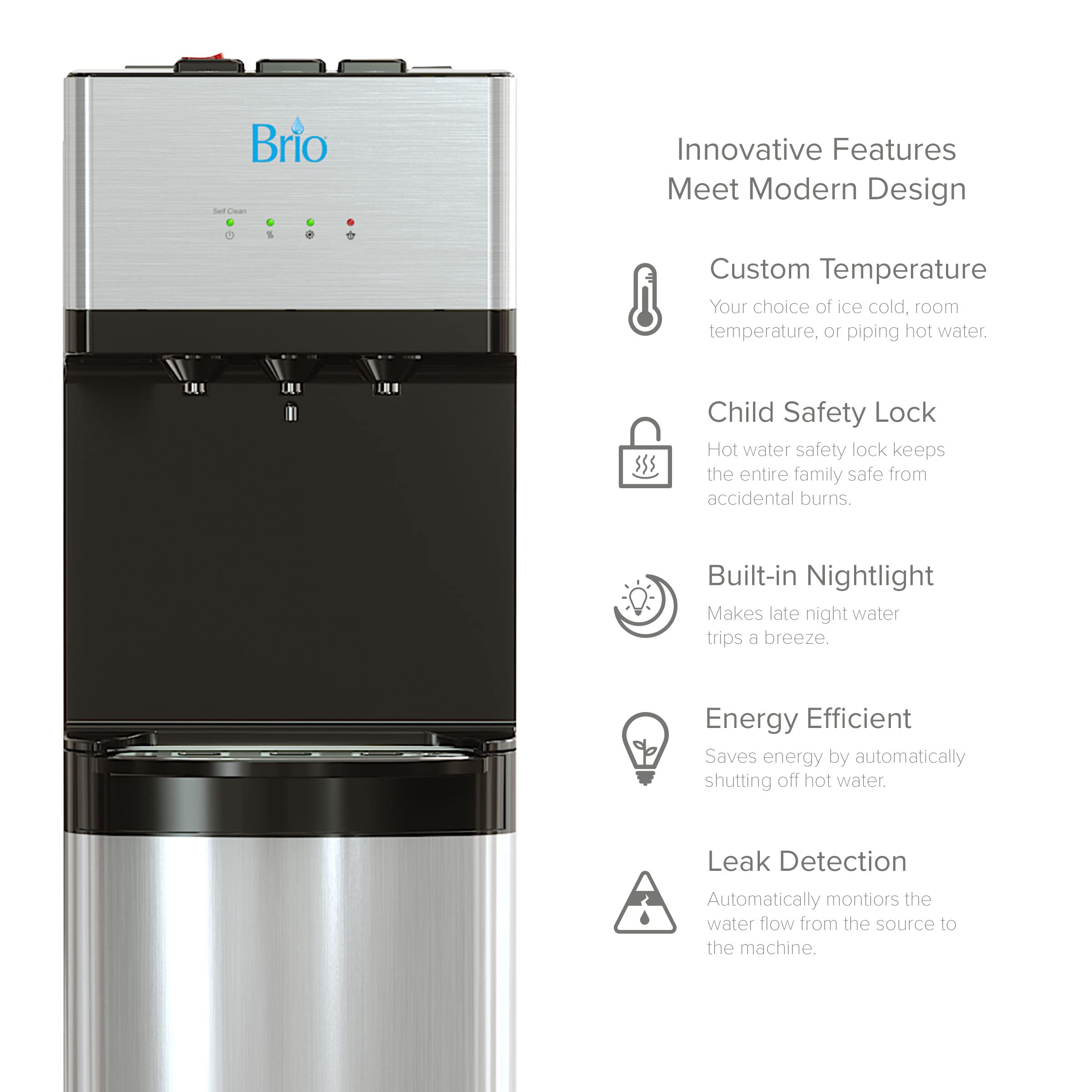 Brio 520 UV Self-Cleaning Bottleless Water Cooler Dispenser, UL Certified | Built-in 2 Stage Filtration (2 Free Replacement Filters Included) Reduces PFAS & Microplastics | 3 Temp (Hot Cold, Room)
