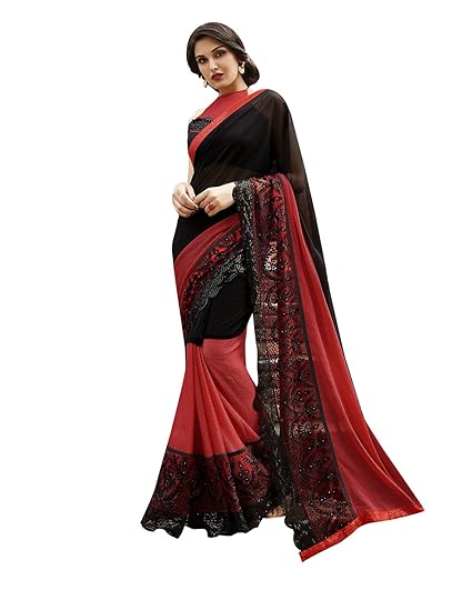 Womens Bemberg Georgette Embroidered Saree (KNGNA5002SSSR001, Black and Red)