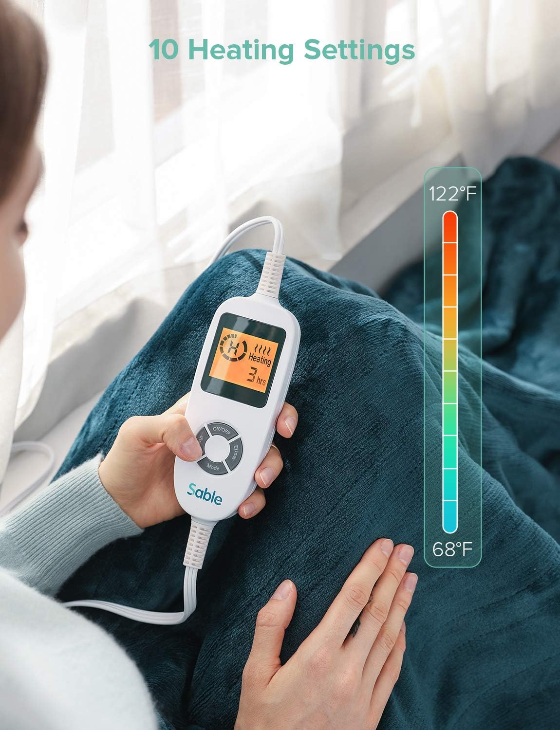 Sable Heated Blanket Electric Throw, 50" x 60" Full Body Size Fast Heating Blankets Flannel, 10 Heating Levels 3 Hours Auto-Off ETL Certified Machine Washable (Blue): Home & Kitchen