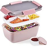 Caperci Large Salad Lunch Container - Adult Bento Lunch Box with 68 oz Salad Bowl, 5-Compartment Tray, 2pcs 3-oz Sauce Cups, Stackable, BPA-Free (Pink)