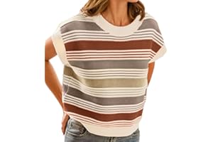 FireSwan Womens Cap Sleeve Sweater Vest Striped Color Block Loose Tank Tops Trendy Vacation Outfits Cute Summer Fall Top