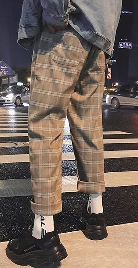 Amazon Bscoolメンズ ワイドパンツ チェック柄 ロングパンツ 春 秋 ファッション カジュアルパンツ ストレートパンツ 韓国ファッション チェックパンツ ロングパンツ 通販