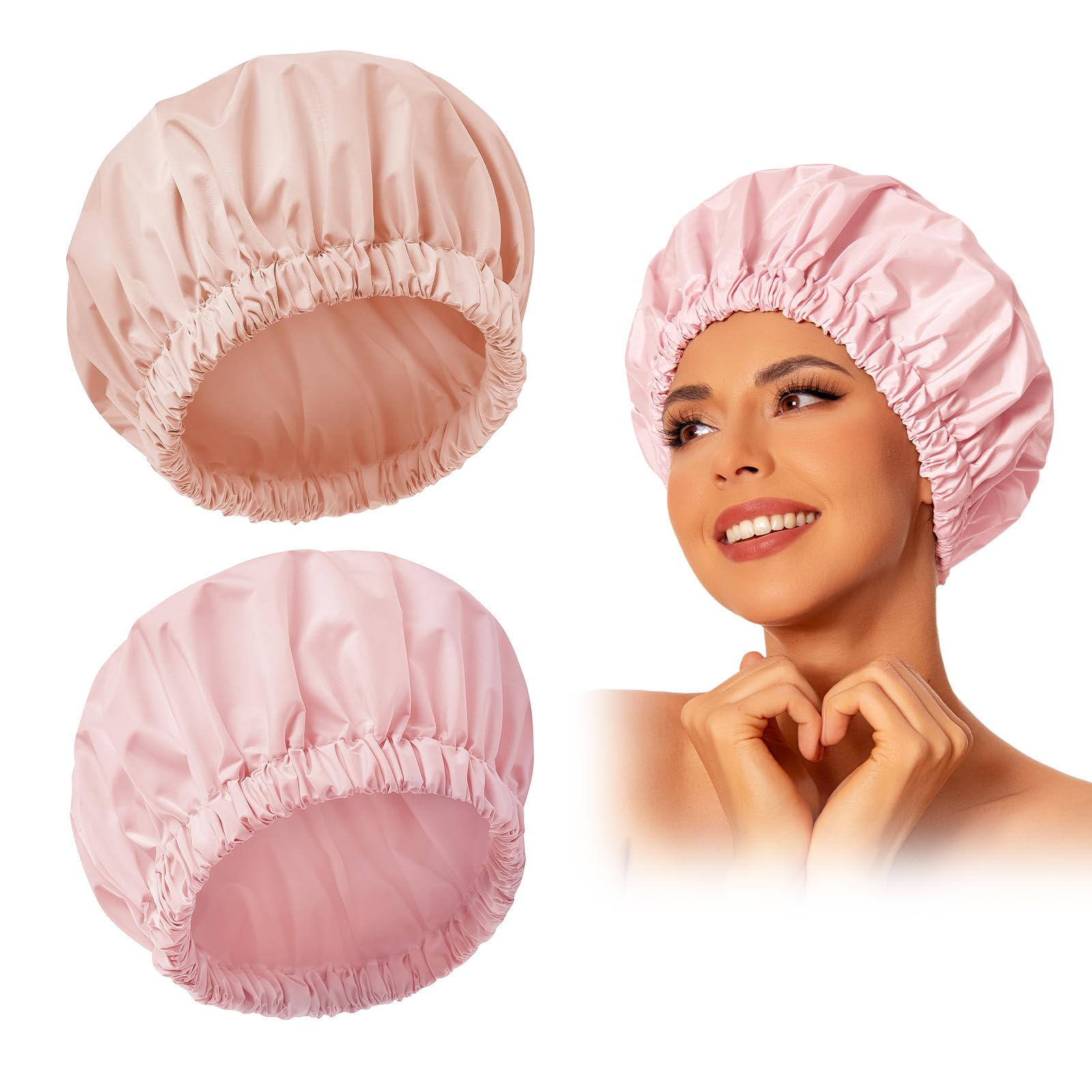 Photo 1 of Reusable Shower Cap for Women, Large Waterproof Shower Essentials Bonnet Washable Elastic Band Bath Hair Wrap Hat for Long Hair, Braids(Pink&Beige)