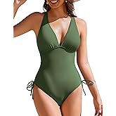 AI'MAGE Womens One Piece Swimsuits V Neck Tummy Control Bathing Suit Criss Cross Back Slimming Swimwear with Drawstring
