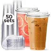 24 oz Clear Plastic Cups with Strawless-Sip-Lids, 50 Sets Disposable Cups Plastic Iced Coffee Cups, To Go Cups with Sip Through Lids for Smoothie, Milkshake, Cold Drinks for Party, Wedding, Event