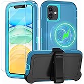 CONWOE Magnetic for iPhone 11 Case,with Belt Clip,[Compatible with Magsafe] W/Tempered Glass Screen Protector,Anti-Drop,Shockproof,Heavy Duty Protection (Lake Blue)
