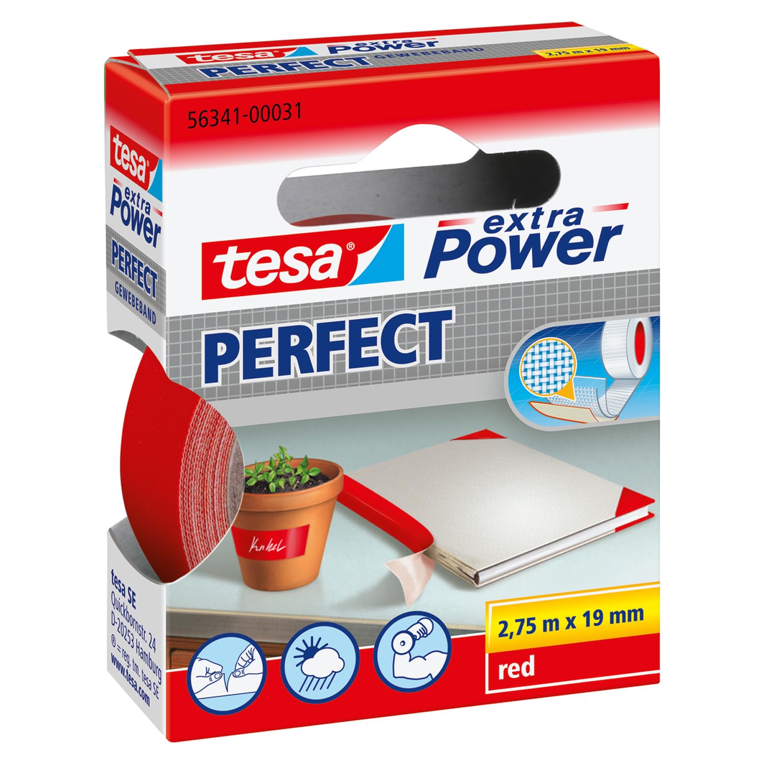 tesa UK Extra Power Perfect, Red, 2.75m x 19mm
