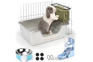 BWOGUE Large Rabbit Litter Box with Raised Grid, Stainless Steel Bunny Litter Pan with Hay Feeder & Water Dispenser, Metal Rabbit Potty Box for Guinea Pigs, Small Animals, Mess-Proof, Easy to Clean