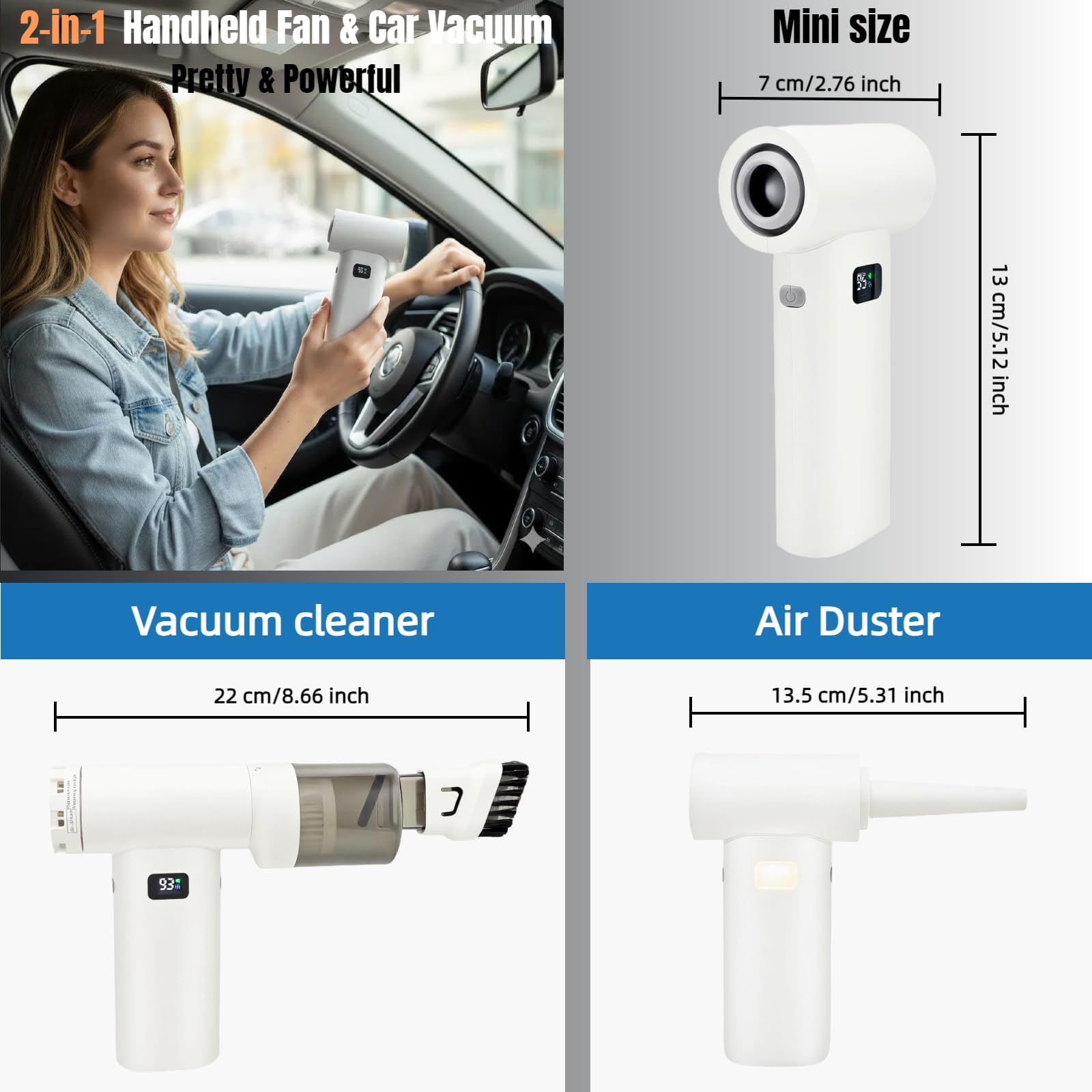 Portable Powerful Handheld Fan, 80,000 RPM High-Speed Turbo Personal Fan, 6 Gear Wind, 5000mAh Rechargeable Battery with LED Light & Multi-Function Dust Kit for Car Cleaning /Travel /Camping /Makeup