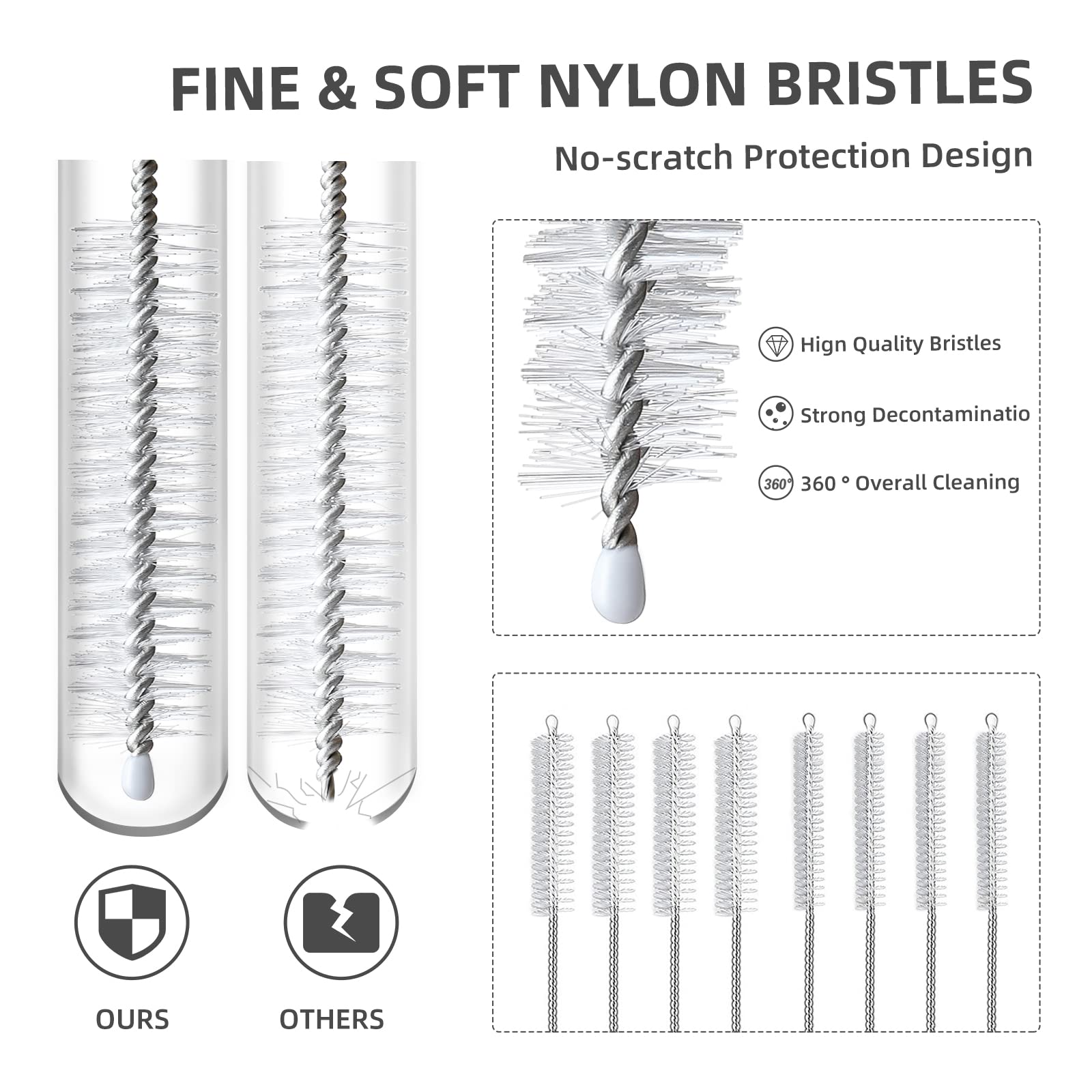 Hiware Straw Cleaner Brush Set, 8-Piece Long Cleaning Brush for Straws on Tumbler, Water Bottle, Sippy Cup, and Pipes, Tubes or Hummingbird Feeders