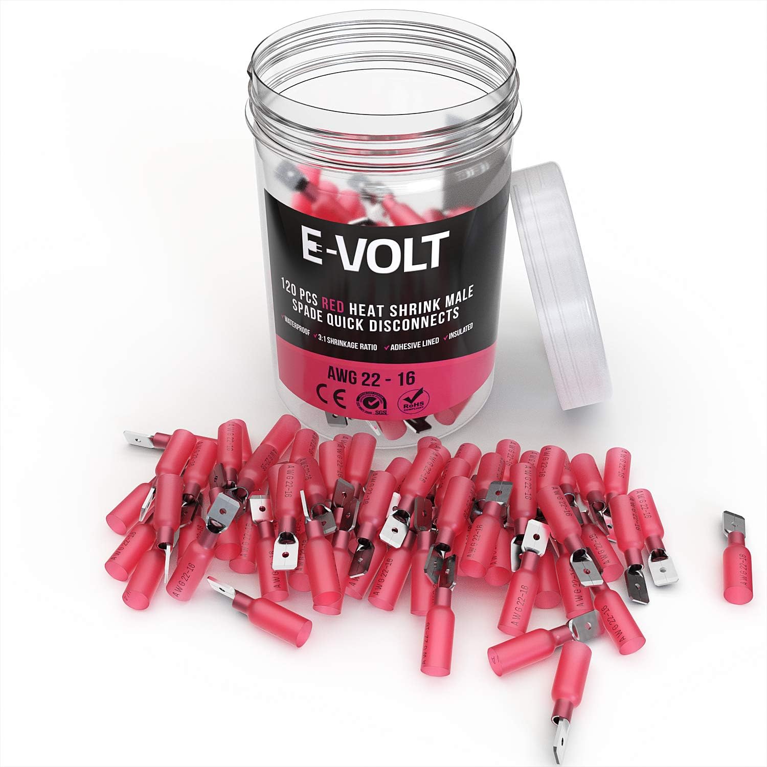 E-VOLT Male Spade Crimp Connectors– 120 PC Red Quick Disconnect 3:1 Heat Shrink Ratio Insulated 22-16 AWG Wire Connecting Terminals – Industrial Grade Automotive, Audio and Marine Crimp Connectors : Sports & Outdoors