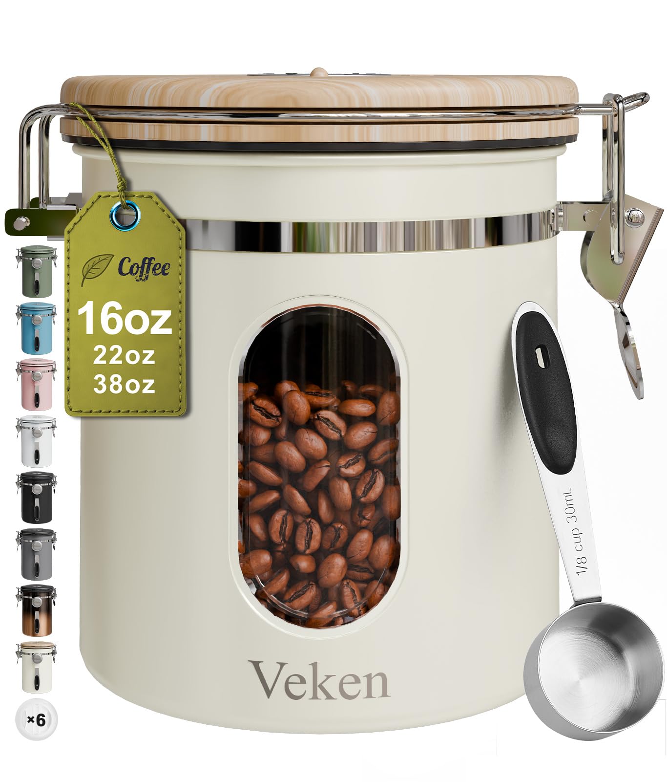 Veken Coffee Canister with Window, Airtight Stainless Steel Kitchen Food Storage Container with Lids, Date Tracker and Scoop for Grounds Coffee, Beans, Tea, Flour, Cereal, Sugar Jars, 16OZ, Cream Image