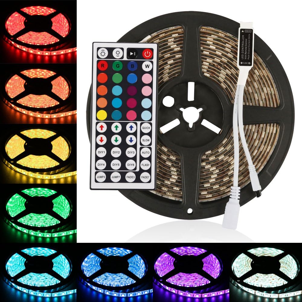 LEDMO Super Bright Waterproof RGB Led Strip 5050 RGB 300LEDs 16.4feet/5meters IP65 LED Strip Lights Kit with 44 Key IR Remote Controller and 12V 5A Power Supply, for Home Kitchen Cabinet TV Lighting Decoration [Energy Class A+]