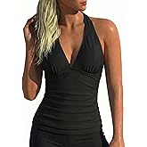 Hilor Women's Tankini Bathing Suit Plunging V Neck Halter Swim Tops Shirred Tummy Control Tankini Top
