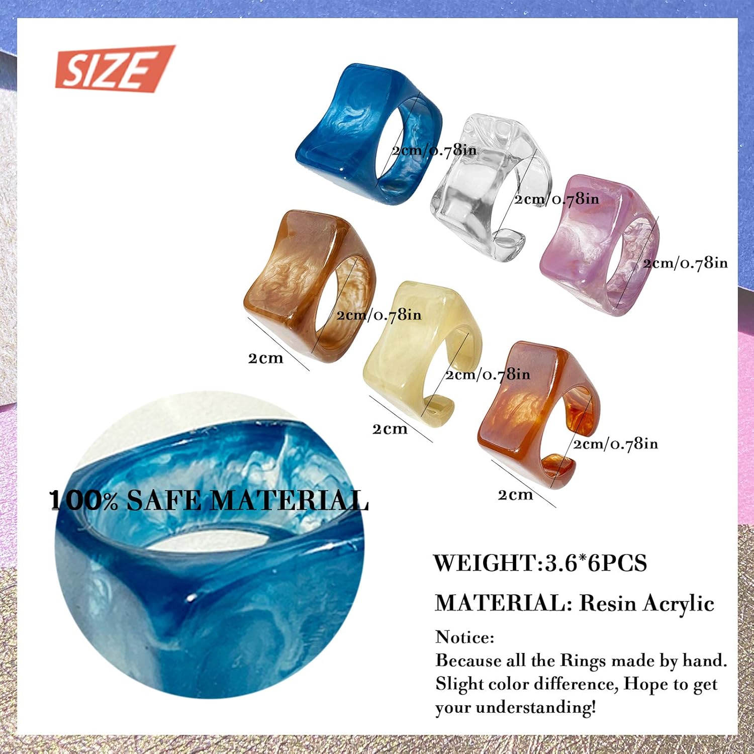 Chunky Rings Colorful, Resin Acrylic Ring for Women Teen Girls, Y2K Plastic Rings, Vintage Stacking Rings, Cute Square Transparent Dark Brown Purple Blue Brown Beige Black White Rings, Trendy Jewelry: Clothing