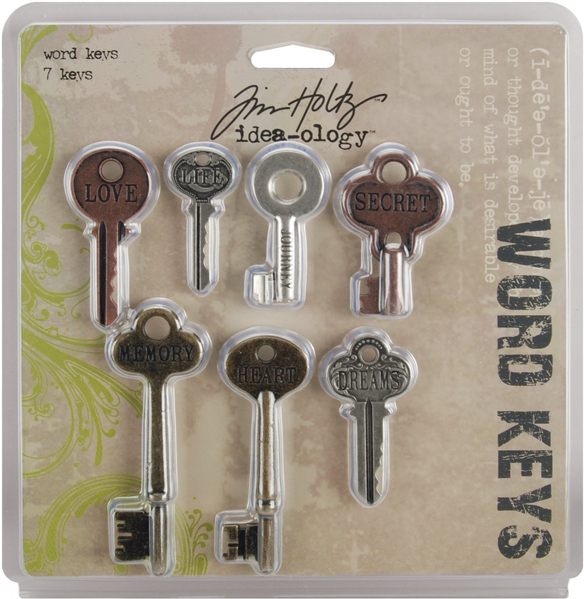 Tim Holtz 1.5-3-inch Idea-Ology Word Keys, Pack of 7, Antique Nickel/Brass/Copper