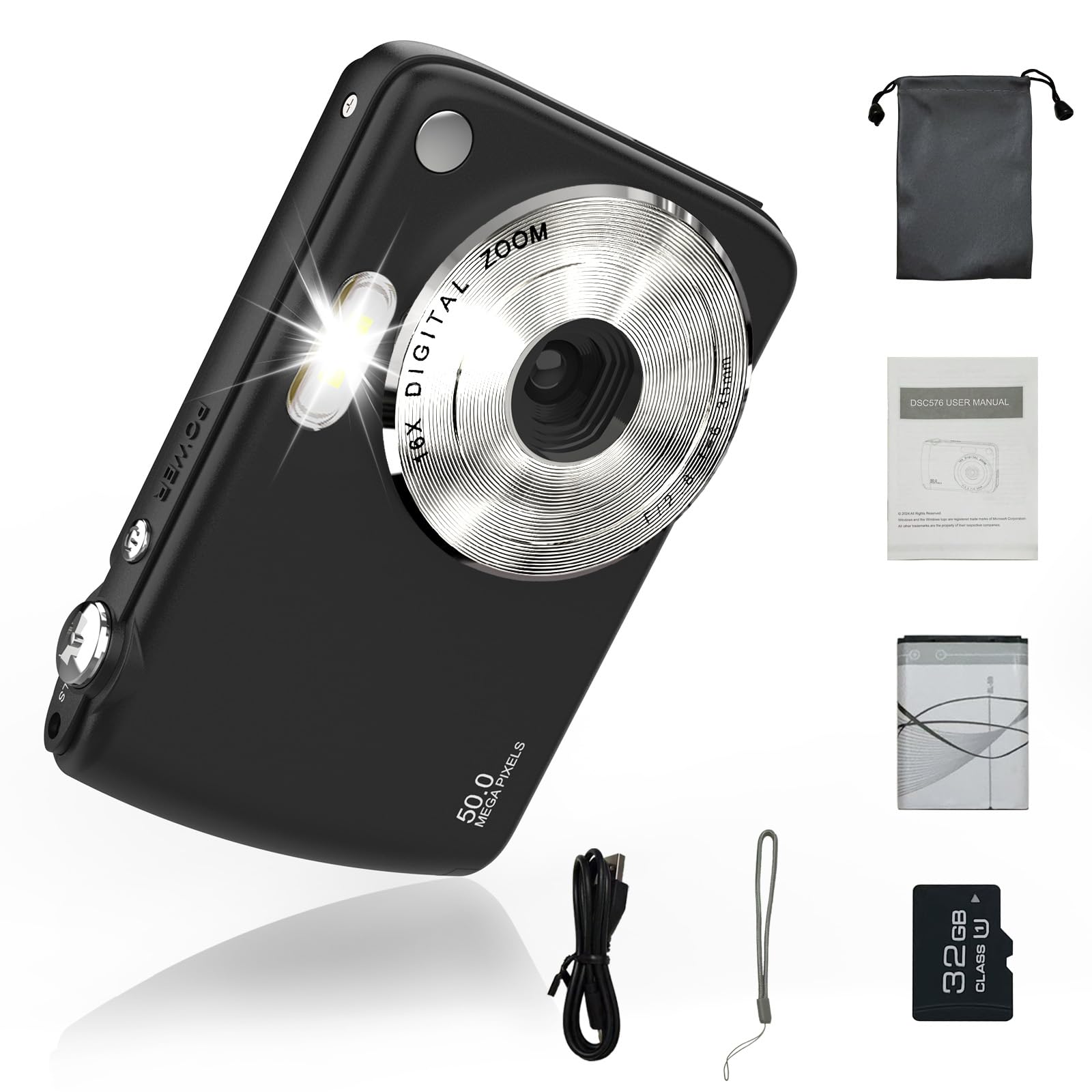 Digital Camera, FHD 1080P Camera, Digital Point and Shoot Camera with 16X Zoom Anti Shake, Compact Small Camera for Boys Girls Kids, Black (Black)