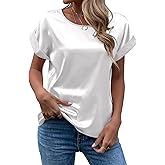 Chigant Women's Short Sleeve Satin Blouses Casual Loose Crewneck Silk Shirts Roll Up Sleeve Tunic Tops S-XXL