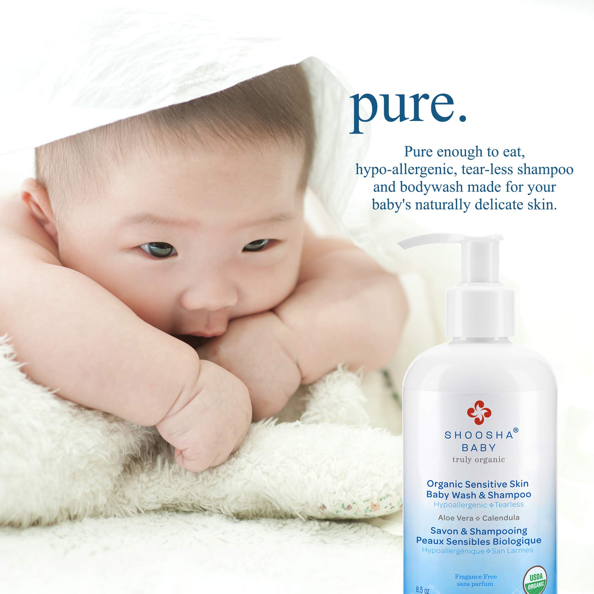 Shoosha USDA certified Organic Shampoo and Body Wash for babies and kids, Great for Sensitive Skin, All natural made from food grade ingredients, Fragrance and Tear Free, Hypoallergenic