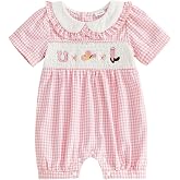 XRTBMN Baby Girl Smocked Western Romper Newborn Coming Home Outfit Summer Clothes Babydoll Collar Short Sleeve Bow Jumpsuit