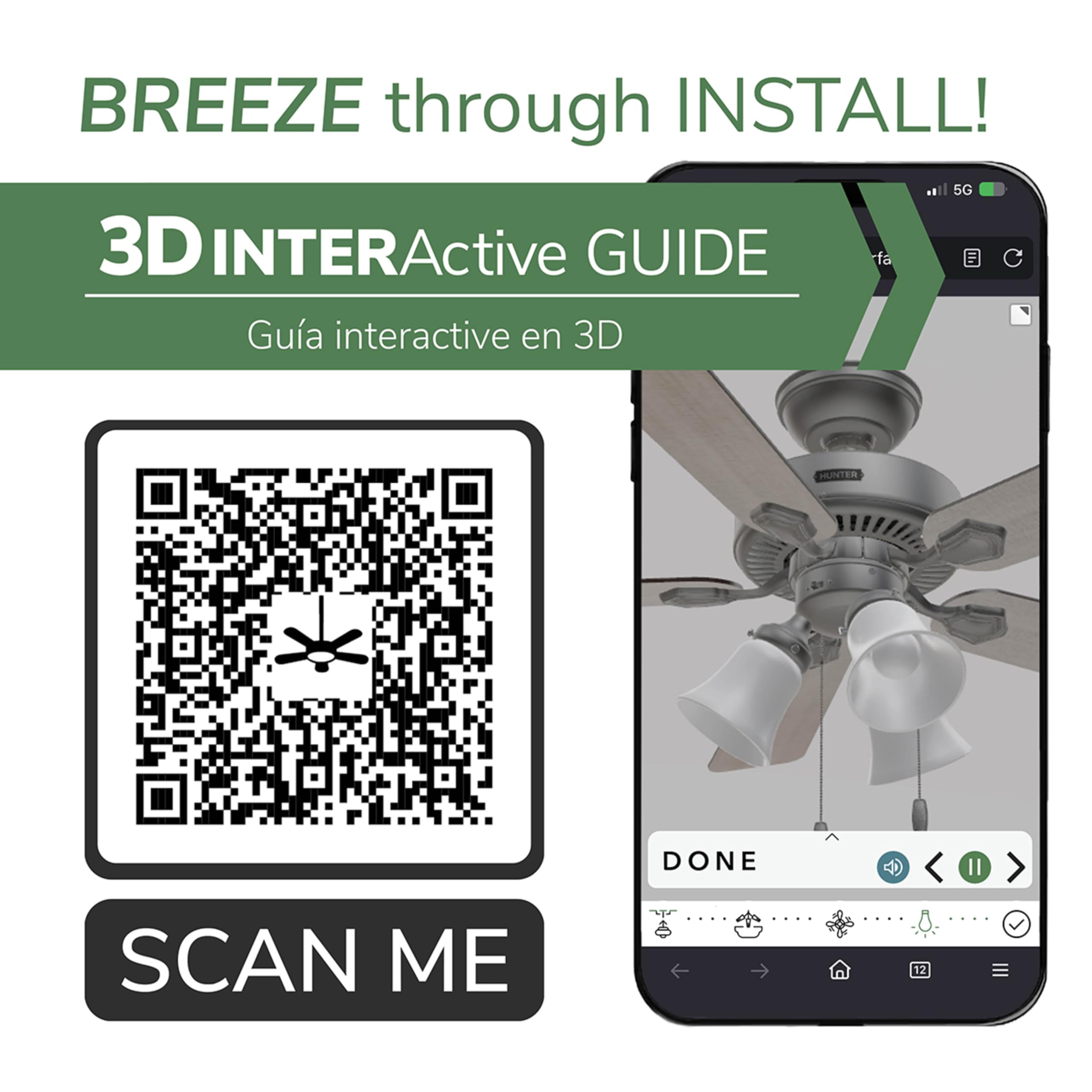 Hunter 44 inch Indoor Ceiling Fan with LED Lights - White Ceiling Fan with Pull Chain, For Bedroom, Living Room, or Kitchen, Standard Mount, No Remote, 5 Blades - Swanson 50885, Fresh White