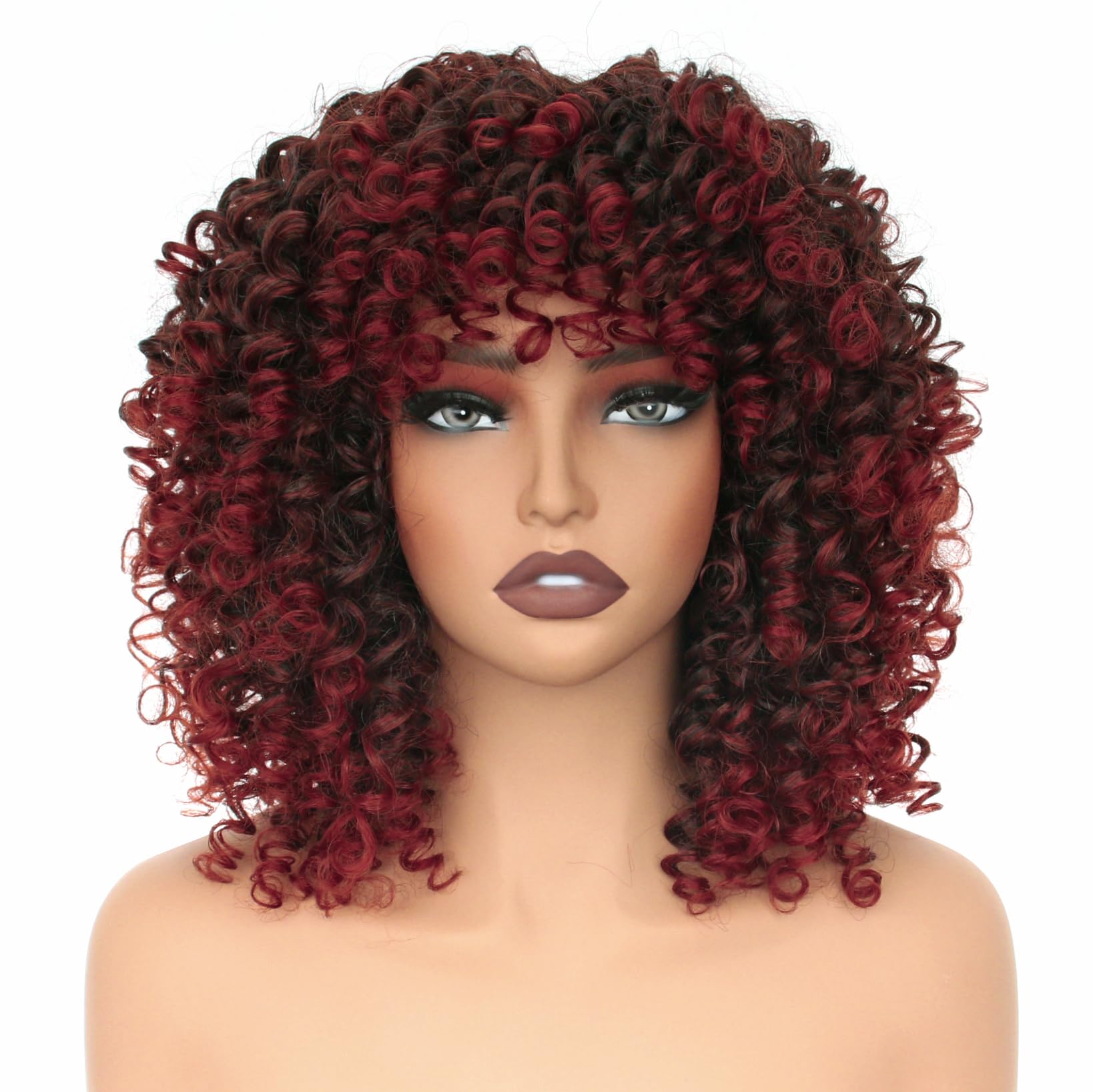 PORSMEER Short Kinky Curly Afro Wigs with Fringe Natural Looking Premium Synthetic Heat Resistant Hair Ombre Red Wig for Black Women Ladies UK Cosplay and Daily,14 Inch — image 1